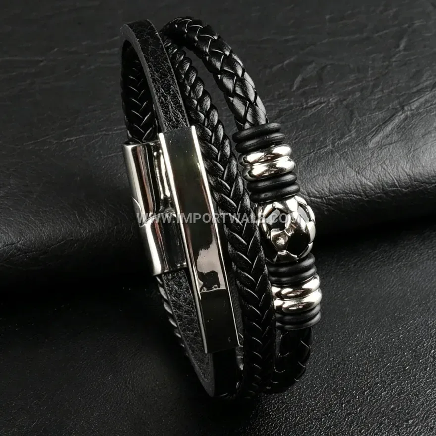 Braided Leather Football Charm Bracelet with Alloy Magnetic Clasp