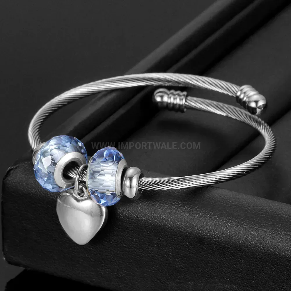 Bold Adjustable Stainless Steel Glass Bead Bangle With Heart Pendant