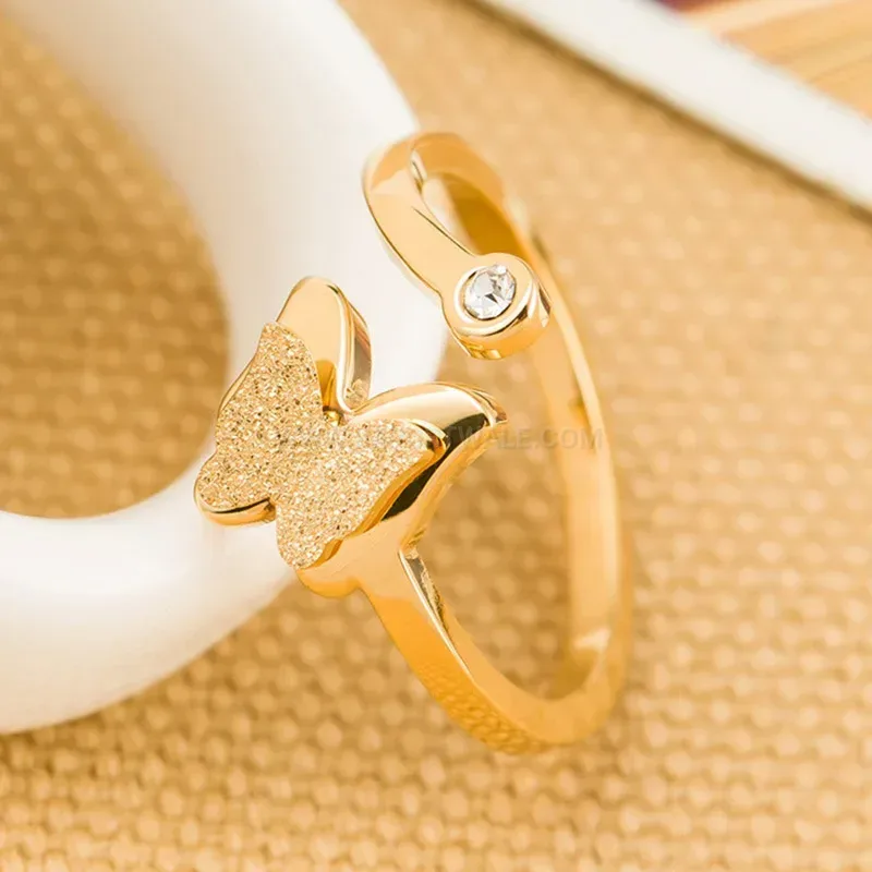 Trendy Frosted Butterfly Open Stainless Steel Adjustable Ring