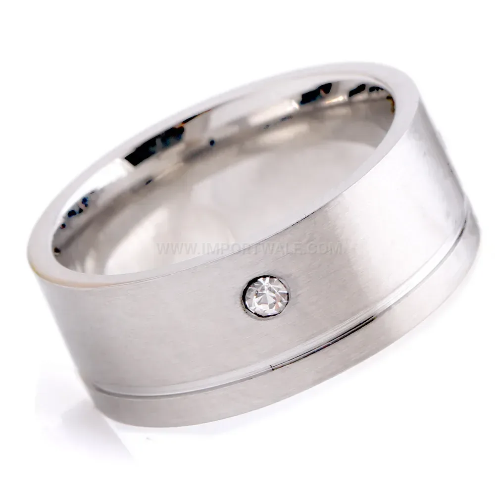 Classic Layered Crystal Accent Stainless Steel Band Ring
