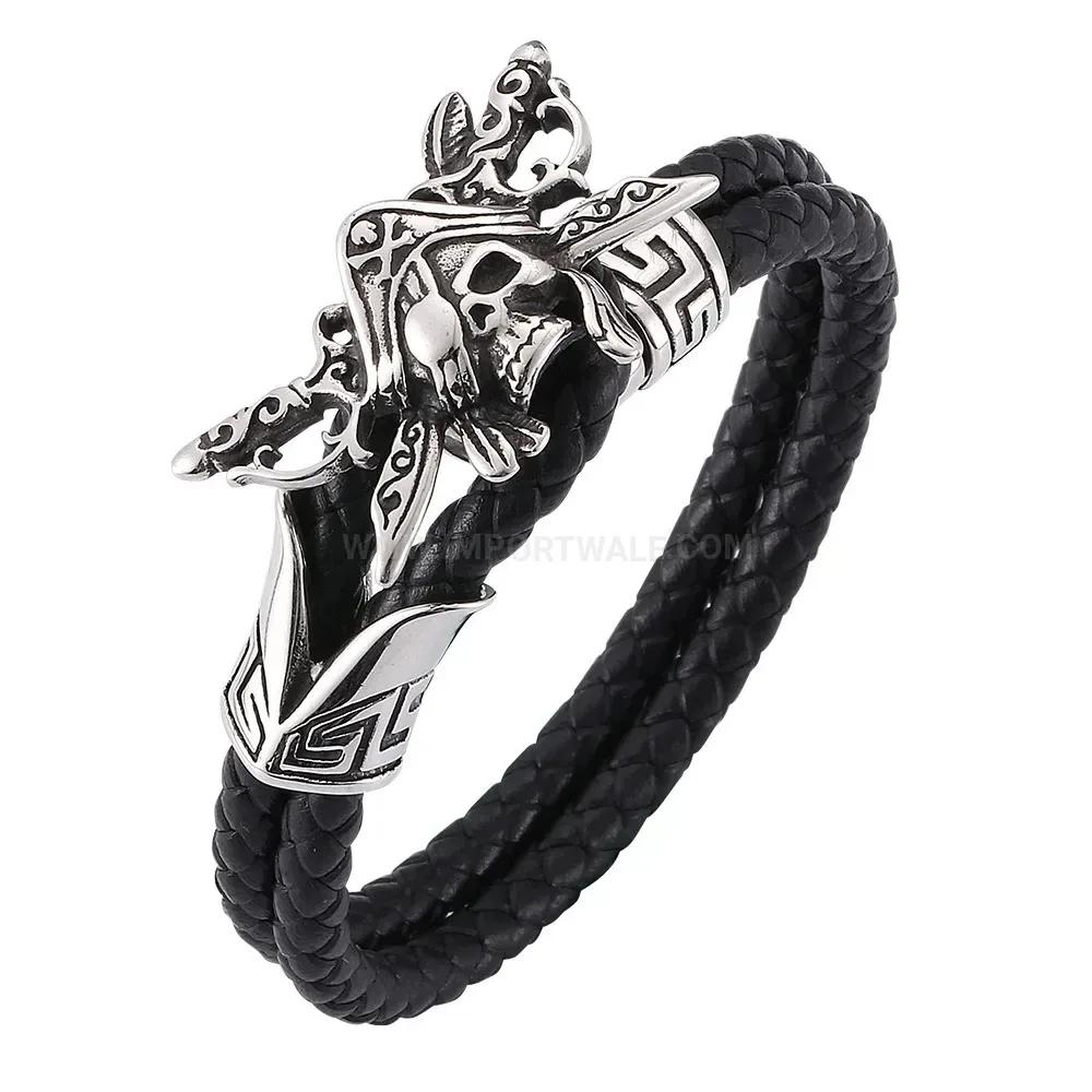 Vintage Double Strand Leather Pirate Skull Steel Bracelet