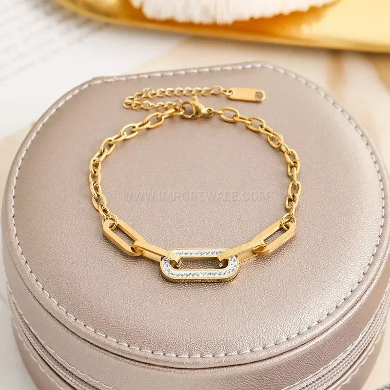 Pave Diamond Four Leaf Clover Stainless Steel Chain Bracelet