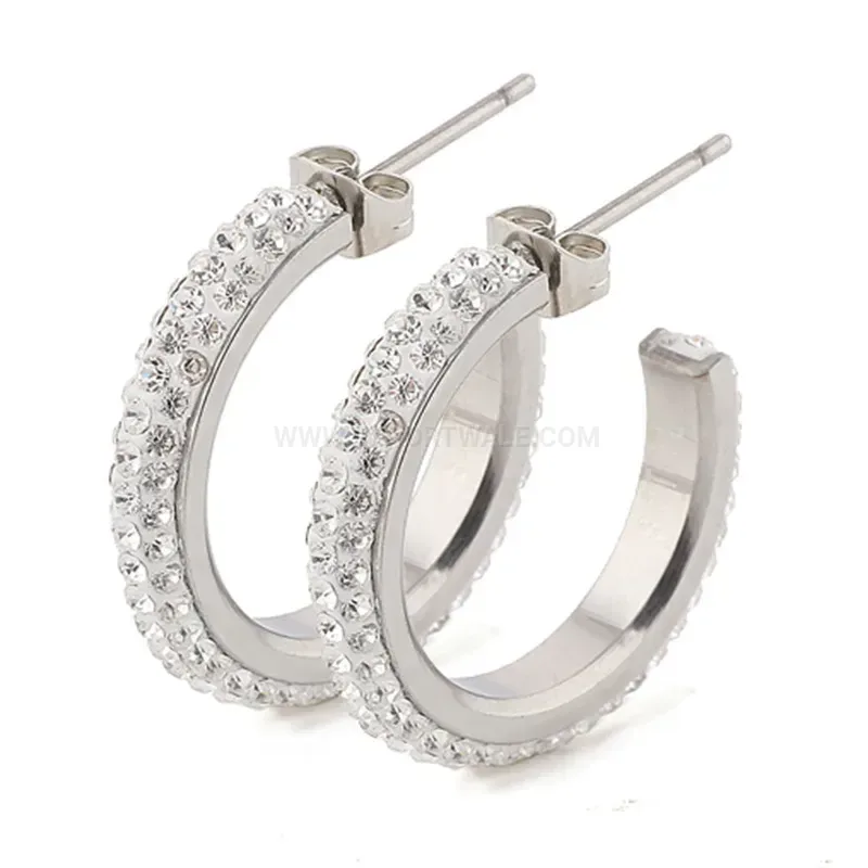 Fashion Triple Row Rhinestone C Hoop Earrings in Stainless Steel