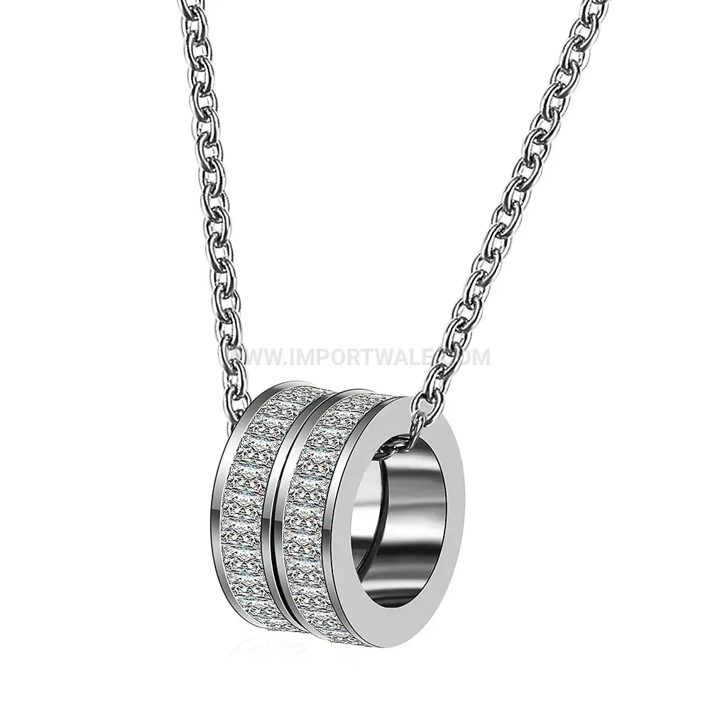 Double Ring Crystal Stainless Steel Pendant Necklace
