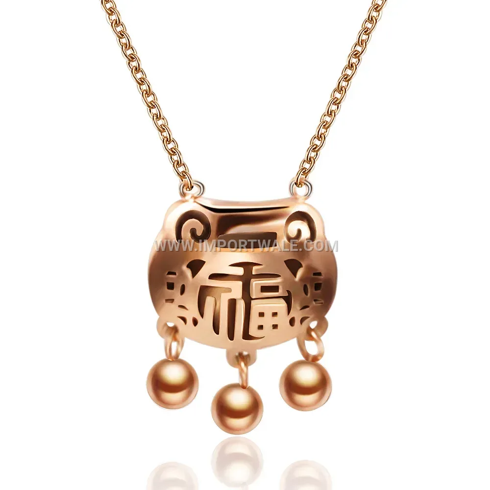 Rose Gold Stainless Steel Longevity Lock Pendant Necklace