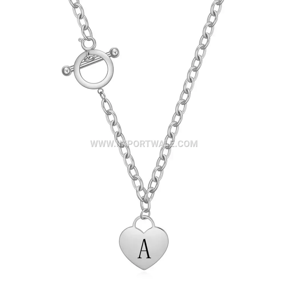 Engraved Heart Initial OT Clasp Stainless Steel Necklace
