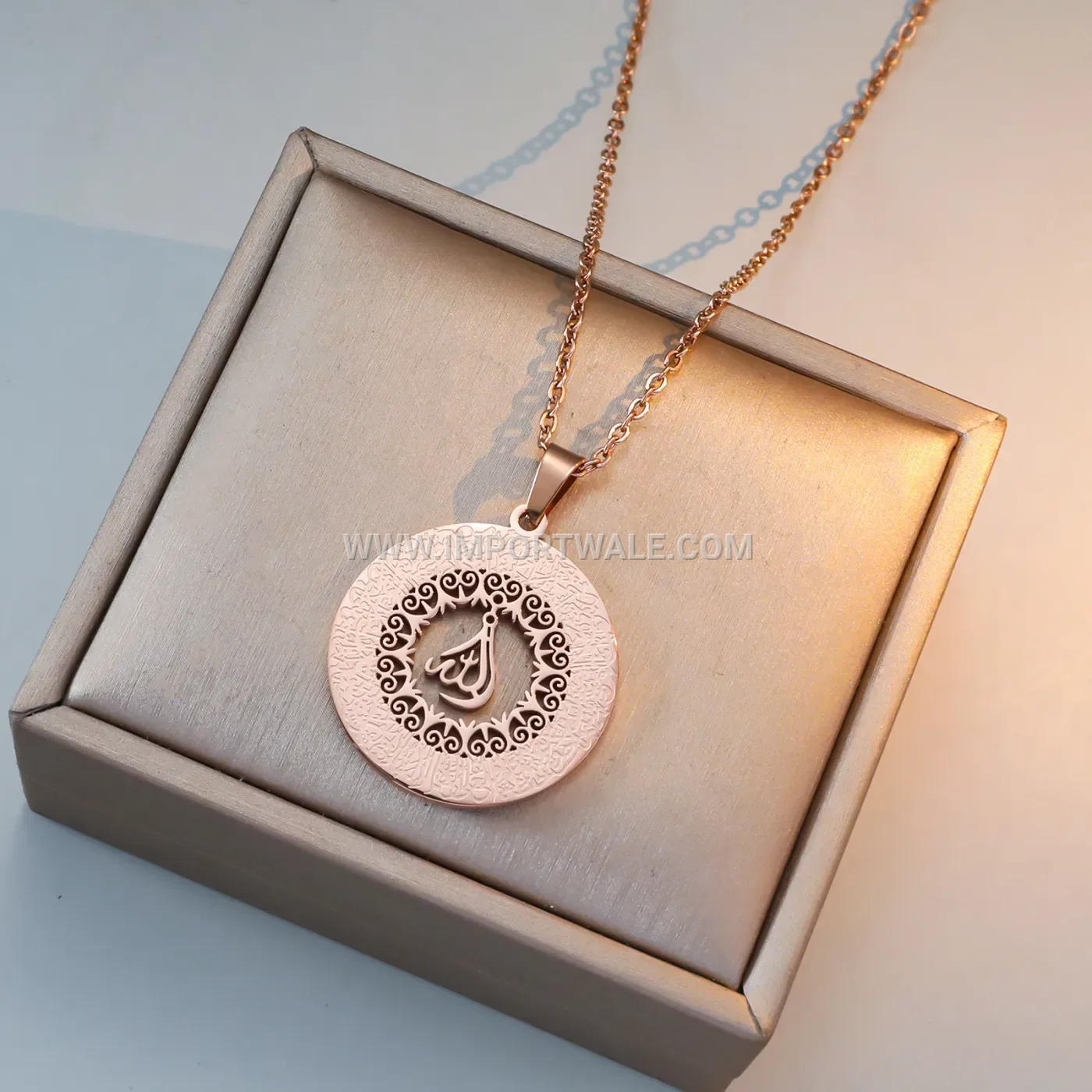 Octagonal Stainless Steel Islamic Calligraphy Pendant Gold Plated Necklace