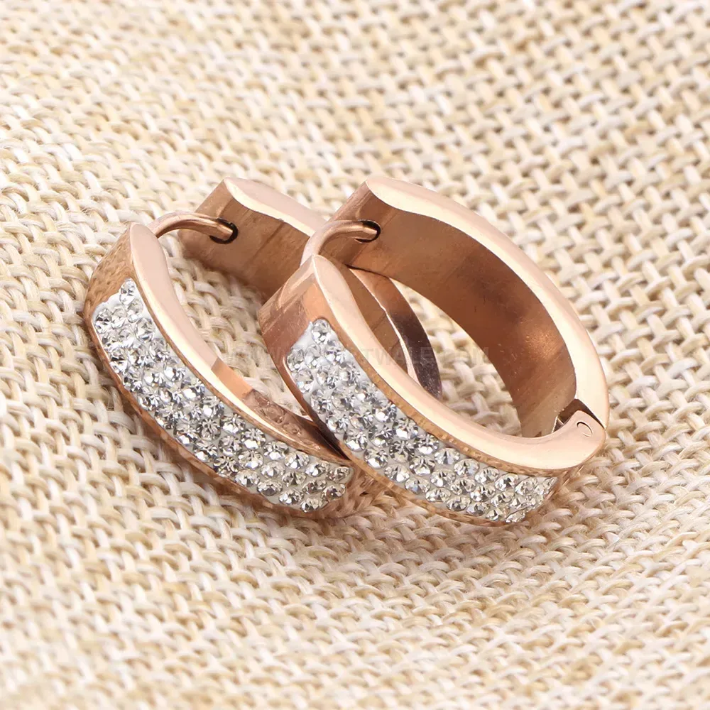 Premium Three Row Rhinestone Stainless Steel Hoop Earrings