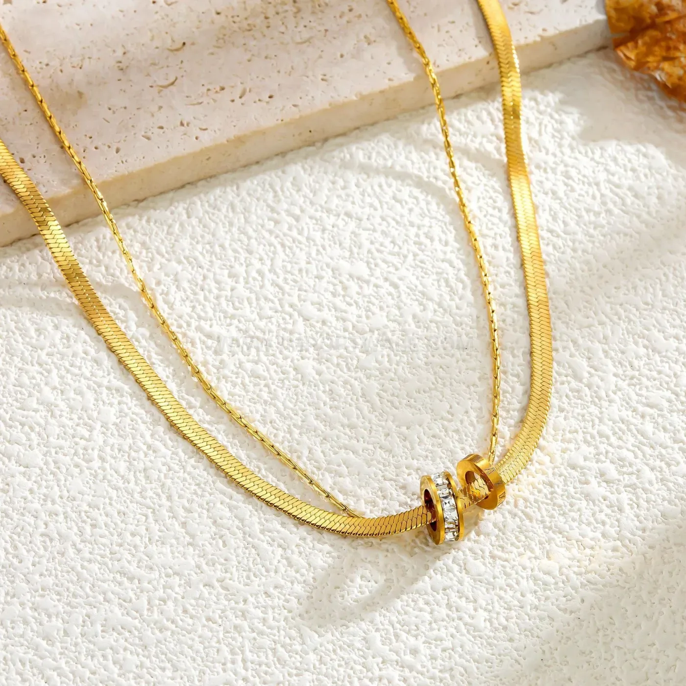 Designer Titanium Steel Double Layer Interlocking Ring Pendant Necklace