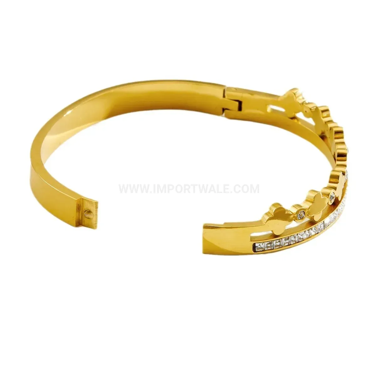 Rhinestone Four-Leaf Clover Layered Stainless Steel Bangle