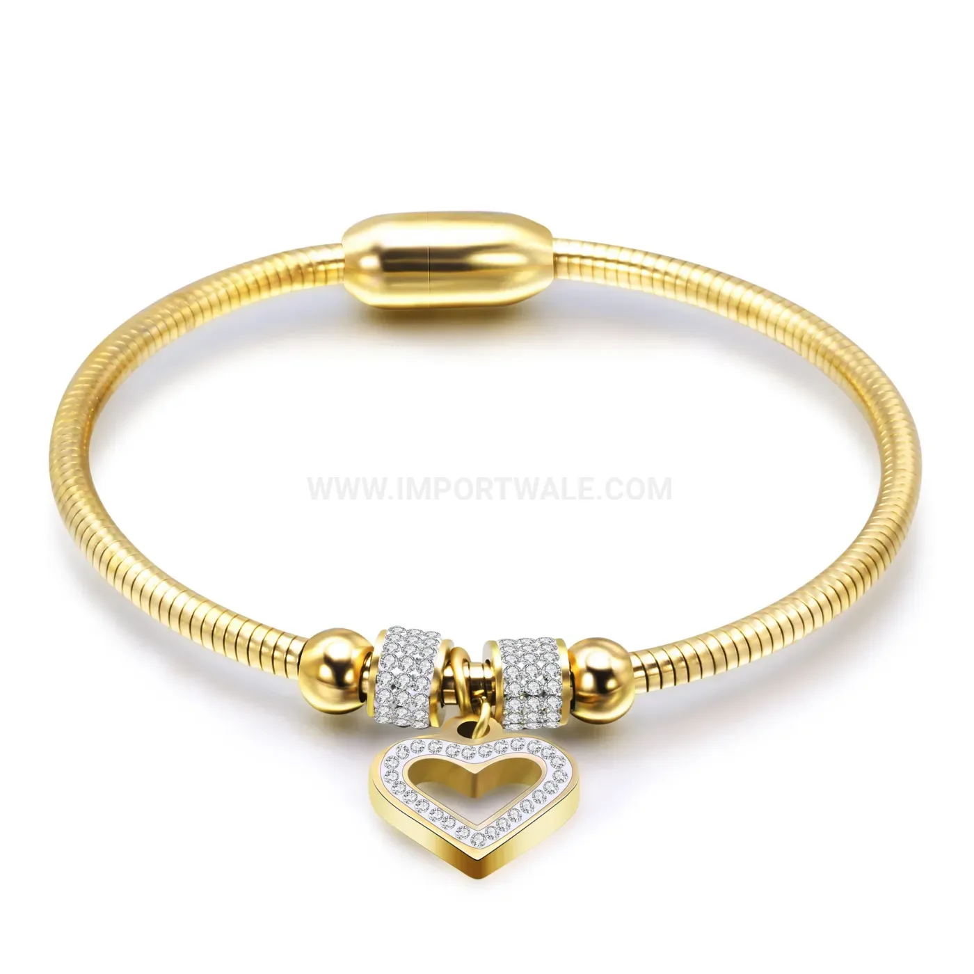 Classic Stainless Steel Heart Rhinestone Snake Chain Magnetic Bracelet