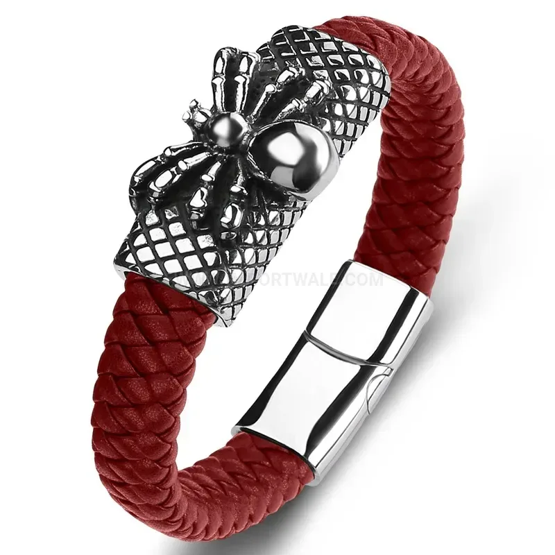 Designer Spider Motif Stainless Steel and Braided Leather Men Bracelet