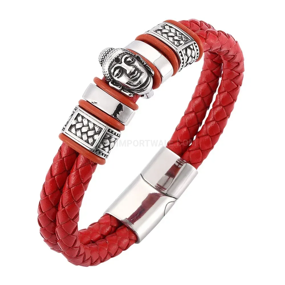 Braided Leather Bracelet with Stainless Steel Buddha Emblem