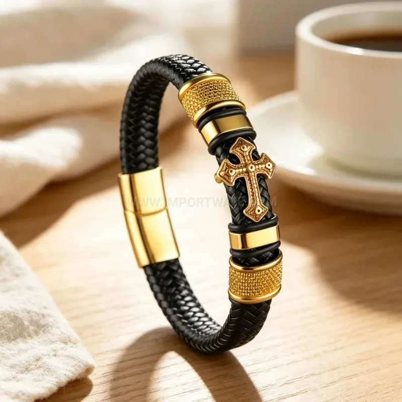 Trendy Braided Leather Cross Charm Wristband with Magnetic Clasp