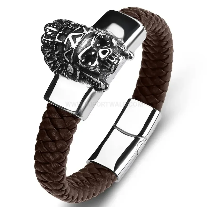 Premium Edgy Skull Stainless Steel Men Leather Cuff Bracelet