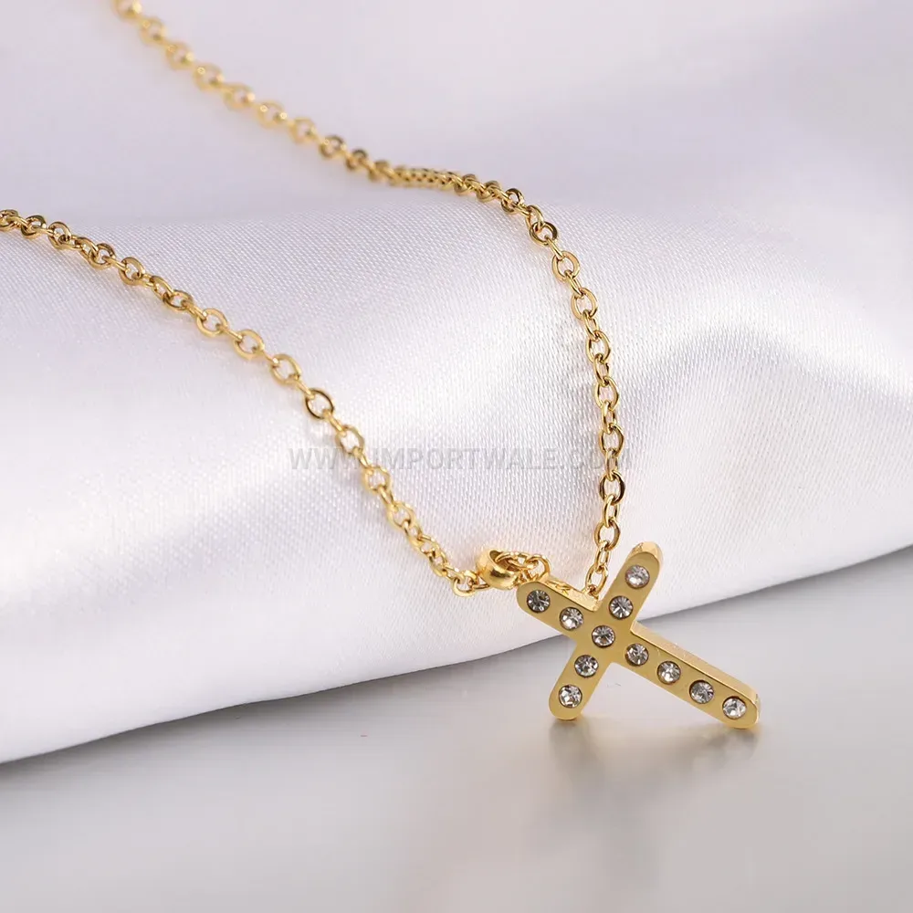 Rhinestone Cross Stainless Steel Collar Necklace in 18K Gold Finish