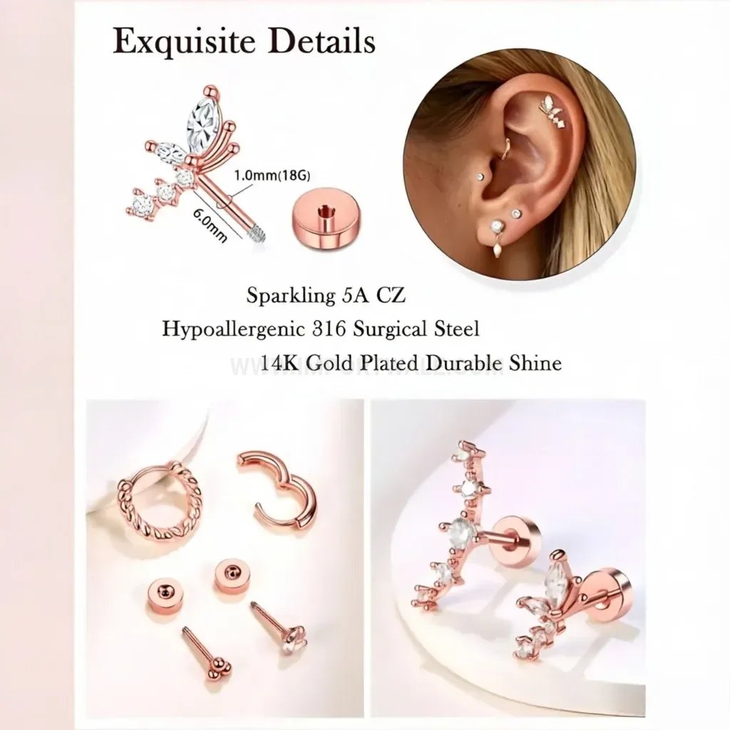 Classic Titanium Steel Zircon Cartilage Piercing Stud Earrings Set