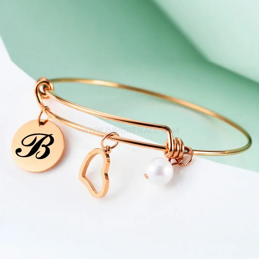Elegant Initial Letter Engraved Pearl Stainless Steel Bangle