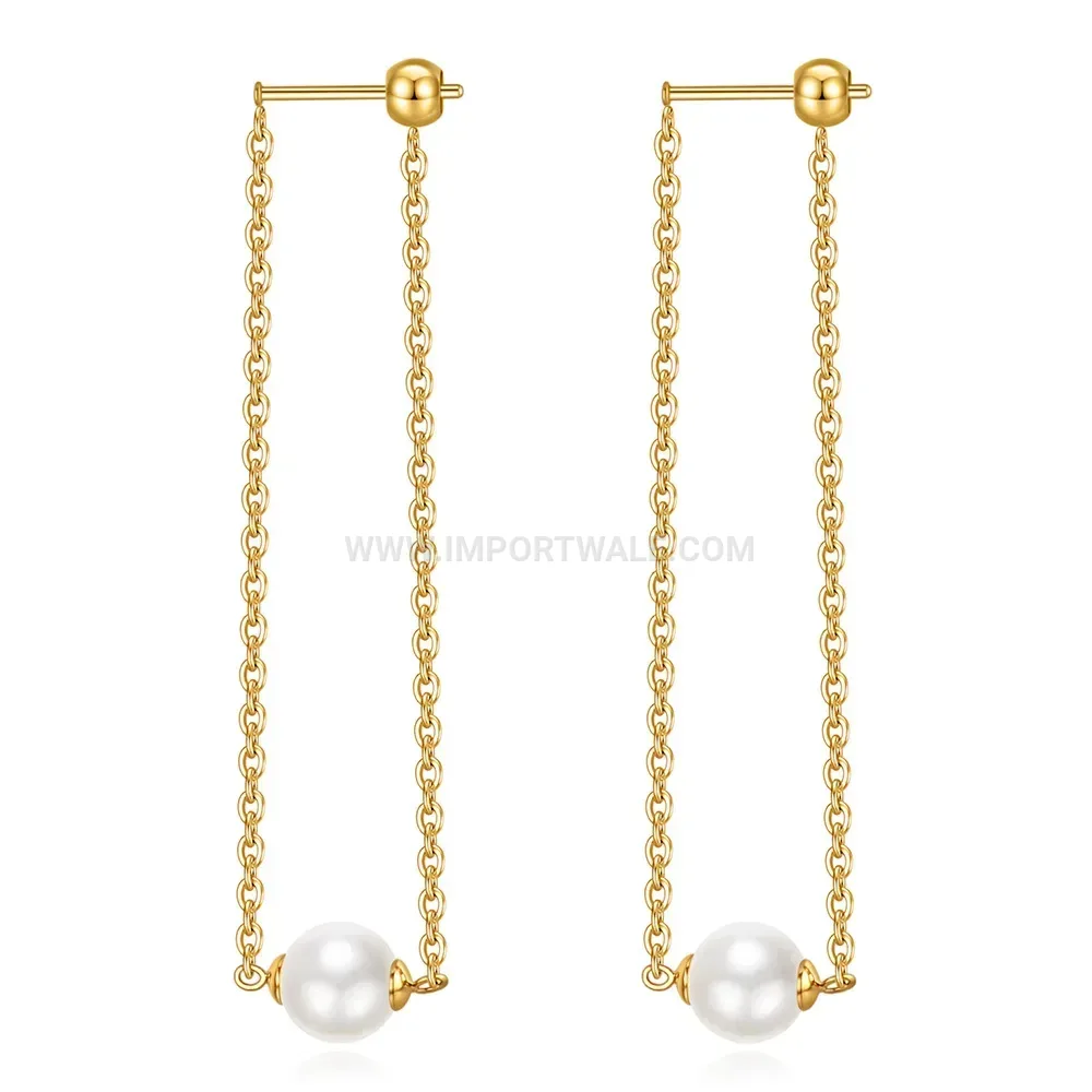 Faux Pearl Long Tassel Chain Stainless Steel Earrings