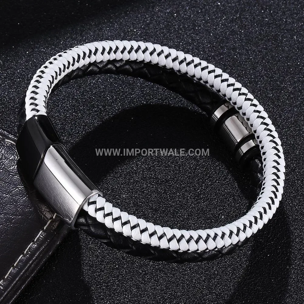Braided Microfiber Leather Wristband with Stainless Steel Clasp