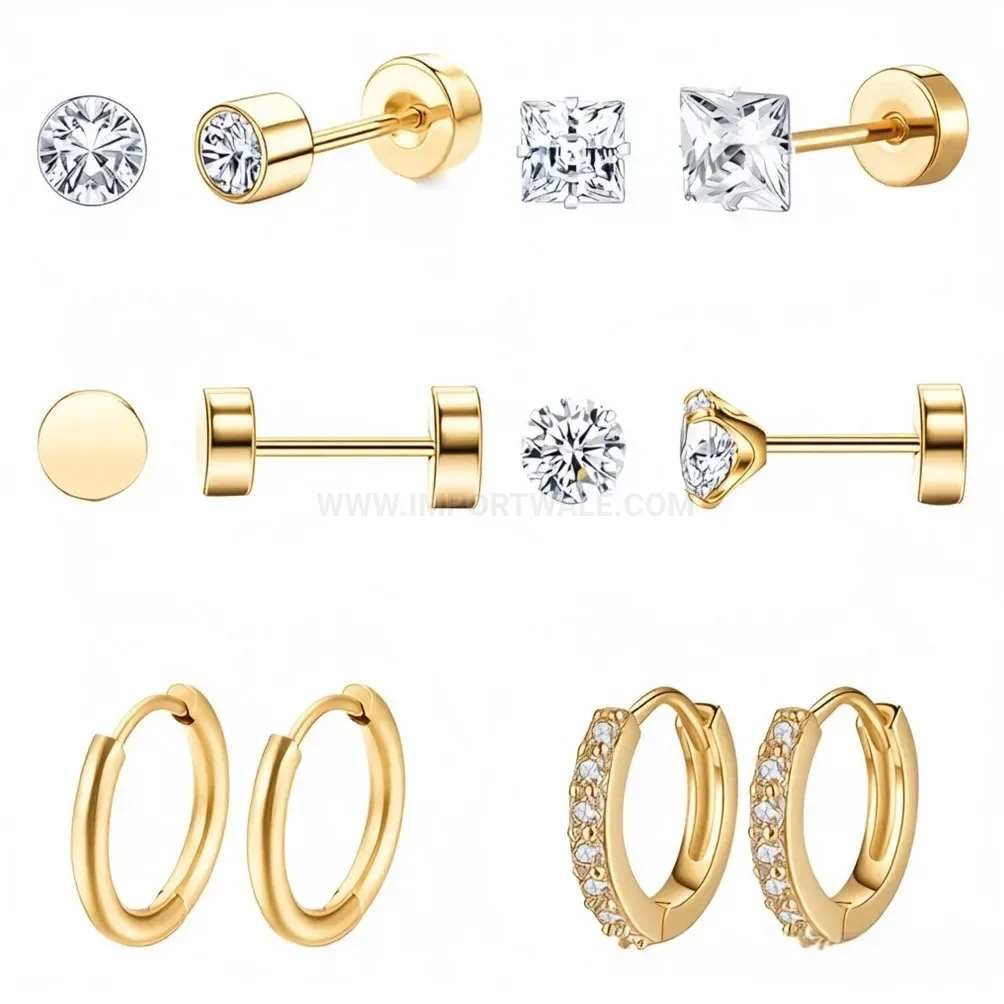 Designer Stainless Steel Rhinestone Stud and Plain Hoop Earring Set