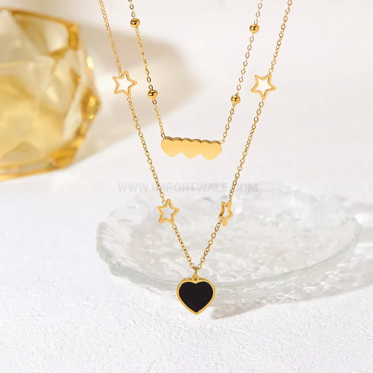 Trendy Gold Layered Heart and Five-Point Star Pendant Stainless Steel Necklace