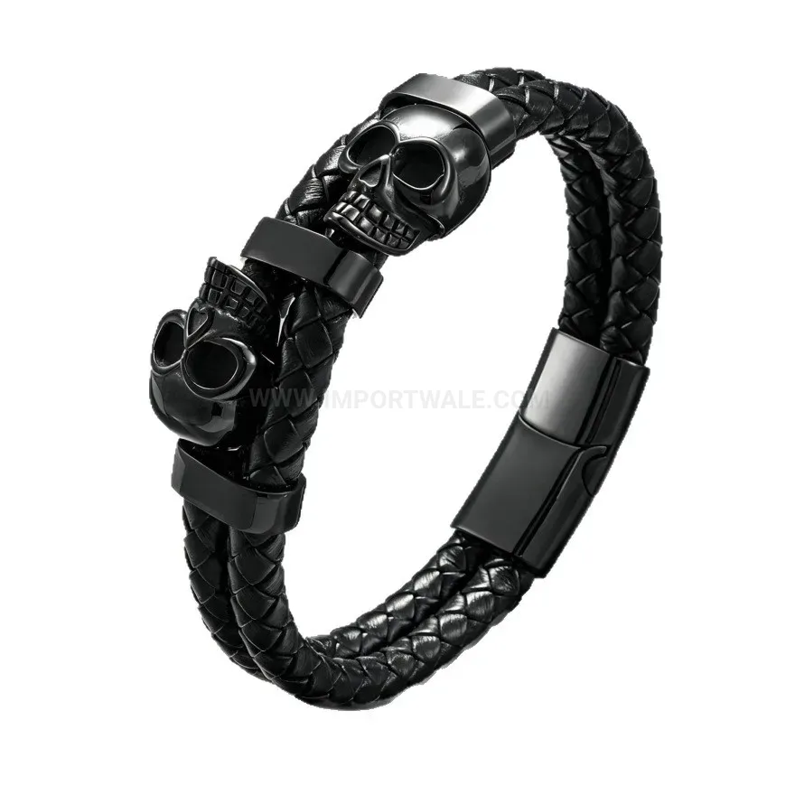Chic Double Strand Braided Leather Skull Bracelet with Magnetic Clasp