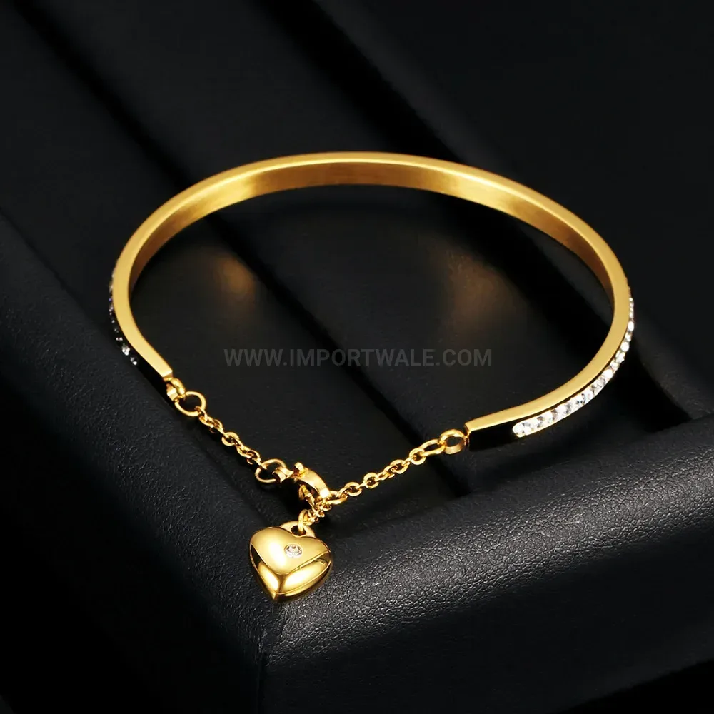 Elegant Rhinestone Encrusted Heart Adjustable Stainless Steel Open Bangle