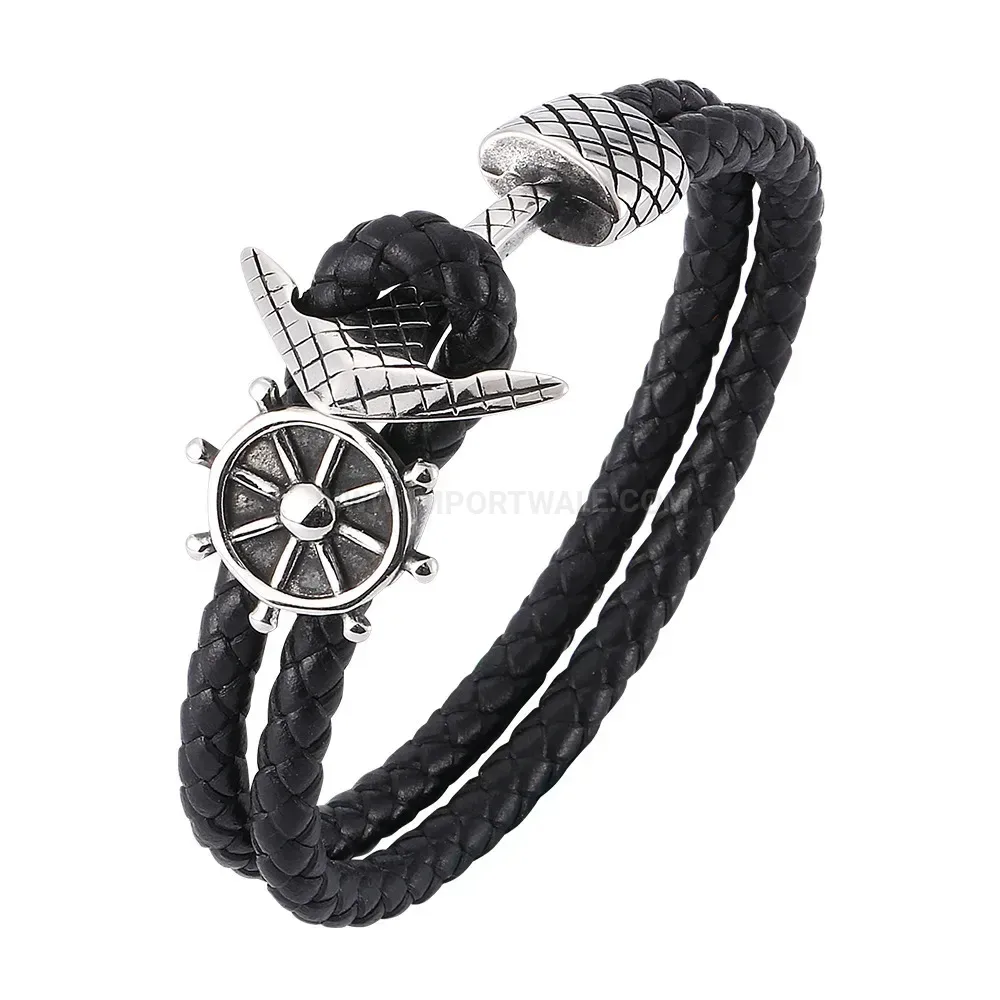 Braided Leather Anchor Charm Stainless Steel Cuff Bracelet