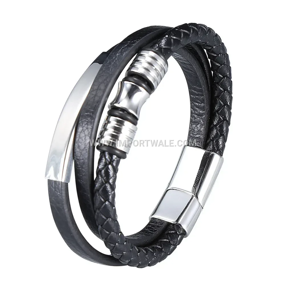 Braided Black Leather Stainless Steel Accent Men Bracelet