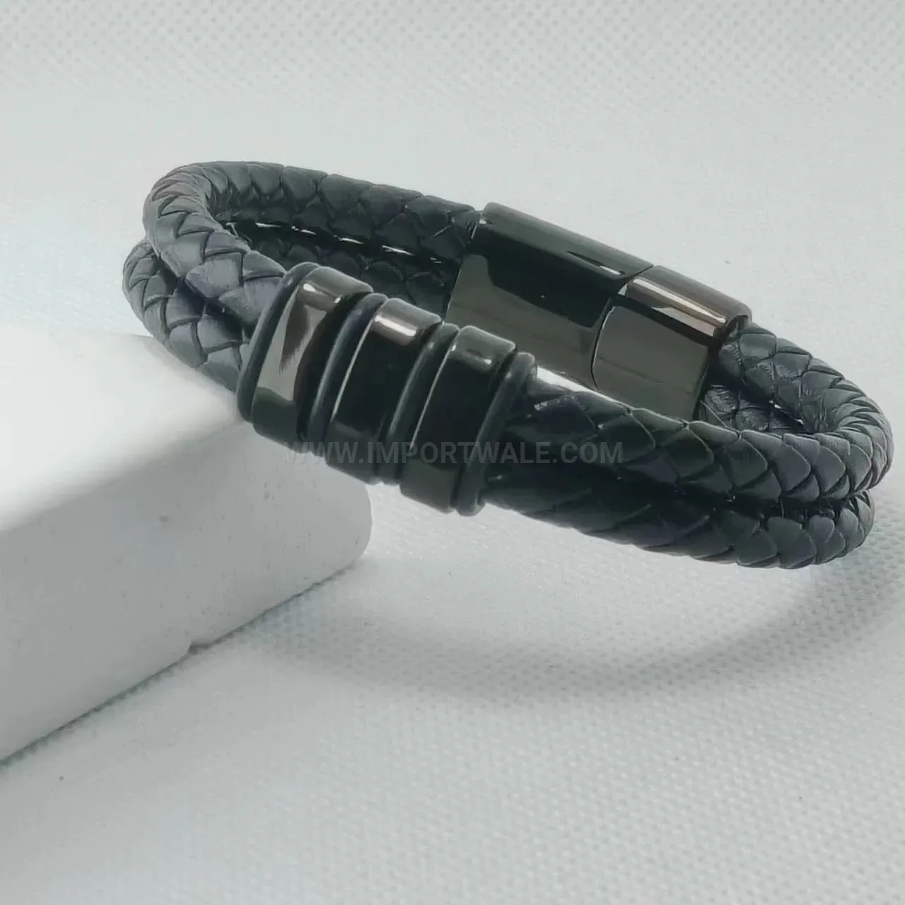 Handwoven Black Leather Bracelet with Polished Stainless Steel Accent