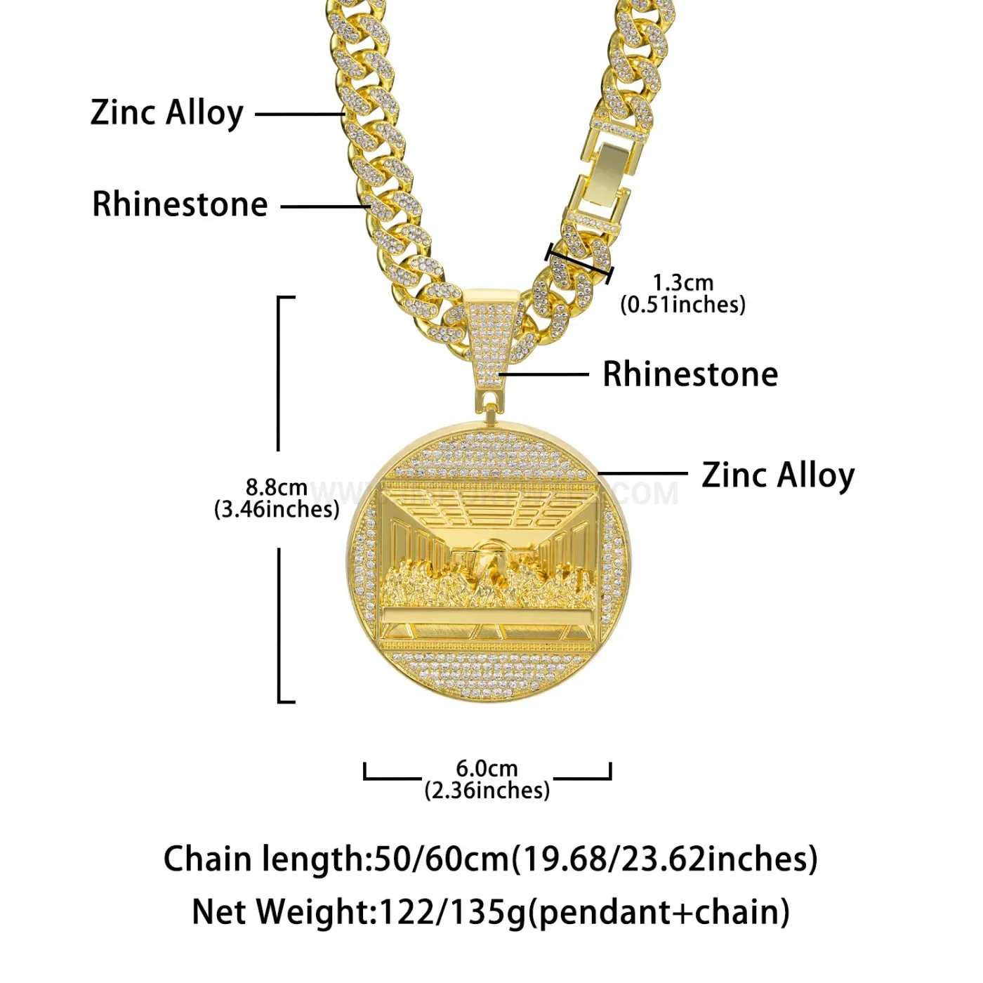 Rhinestone Disc Pendant Zinc Alloy Hip Hop Cuban Chain