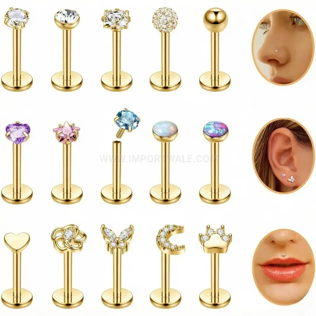 Chic Flat Back Stainless Steel Colorful Stone Labret Piercing Set