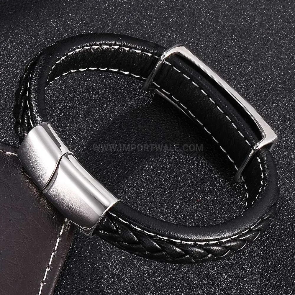 Modern Braided Black Leather Bracelet with Stainless Steel Anchor Magnetic Clasp