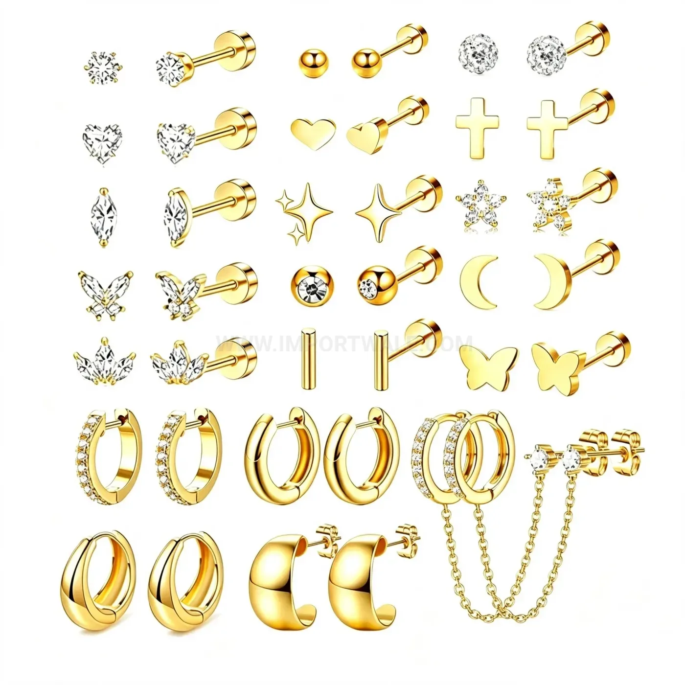 Chic Stainless Steel Star Butterfly Rhinestone Chain Double Piercing Earring Set