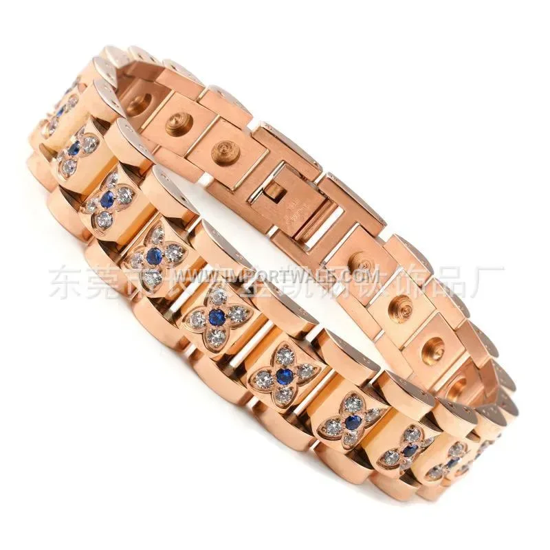 Rhinestone Floral Titanium Steel Magnetic Couple Bracelet