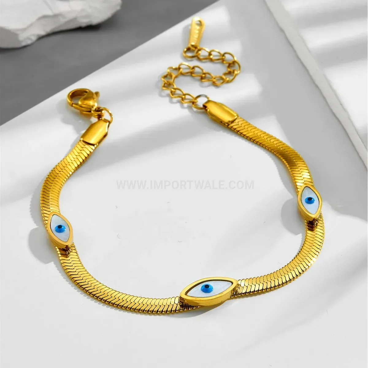 Gold Plated Stainless Steel Snake Chain Evil Eye Accent Bracelet