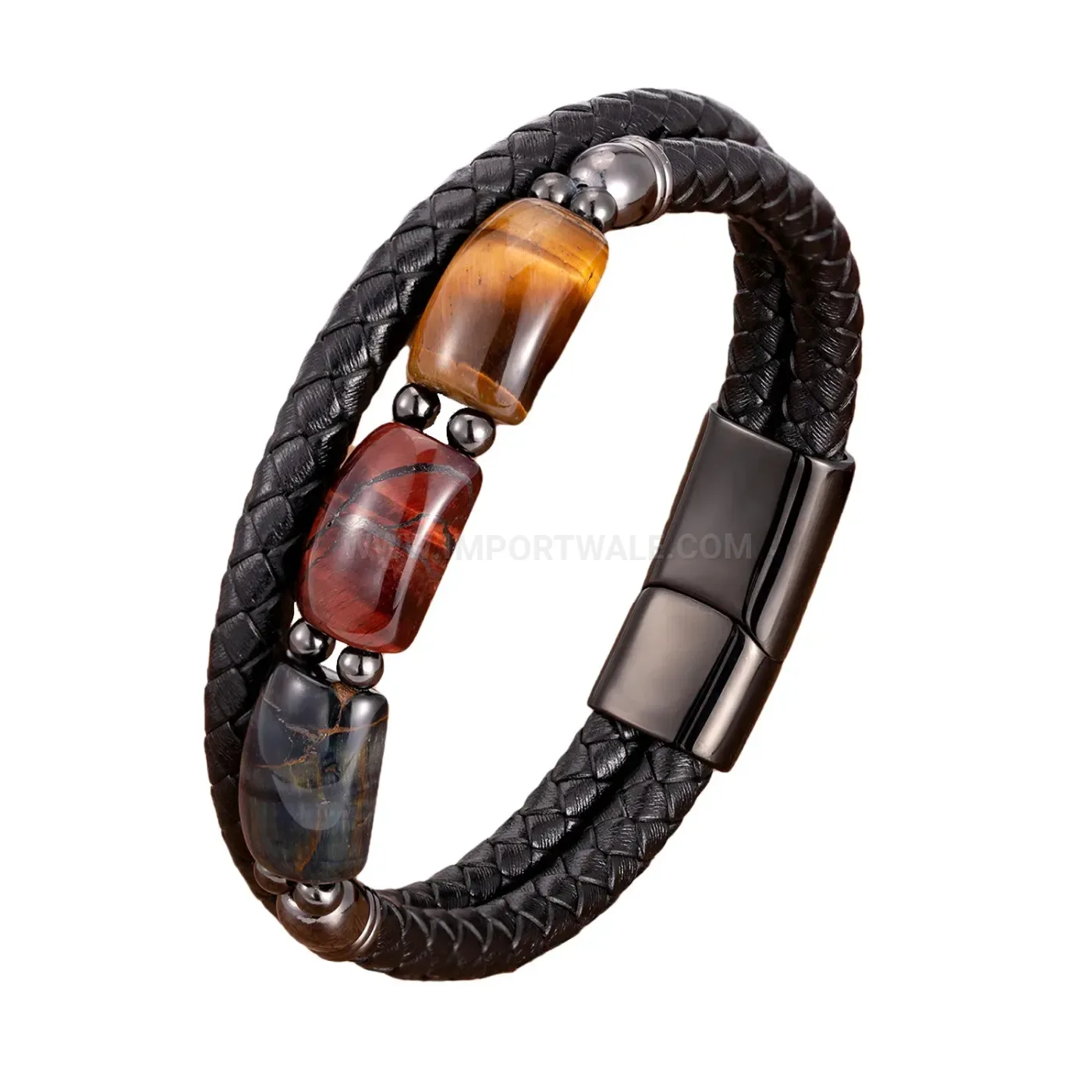 Braided Leather Bamboo Stone Bracelet with Stainless Steel Magnetic Clasp