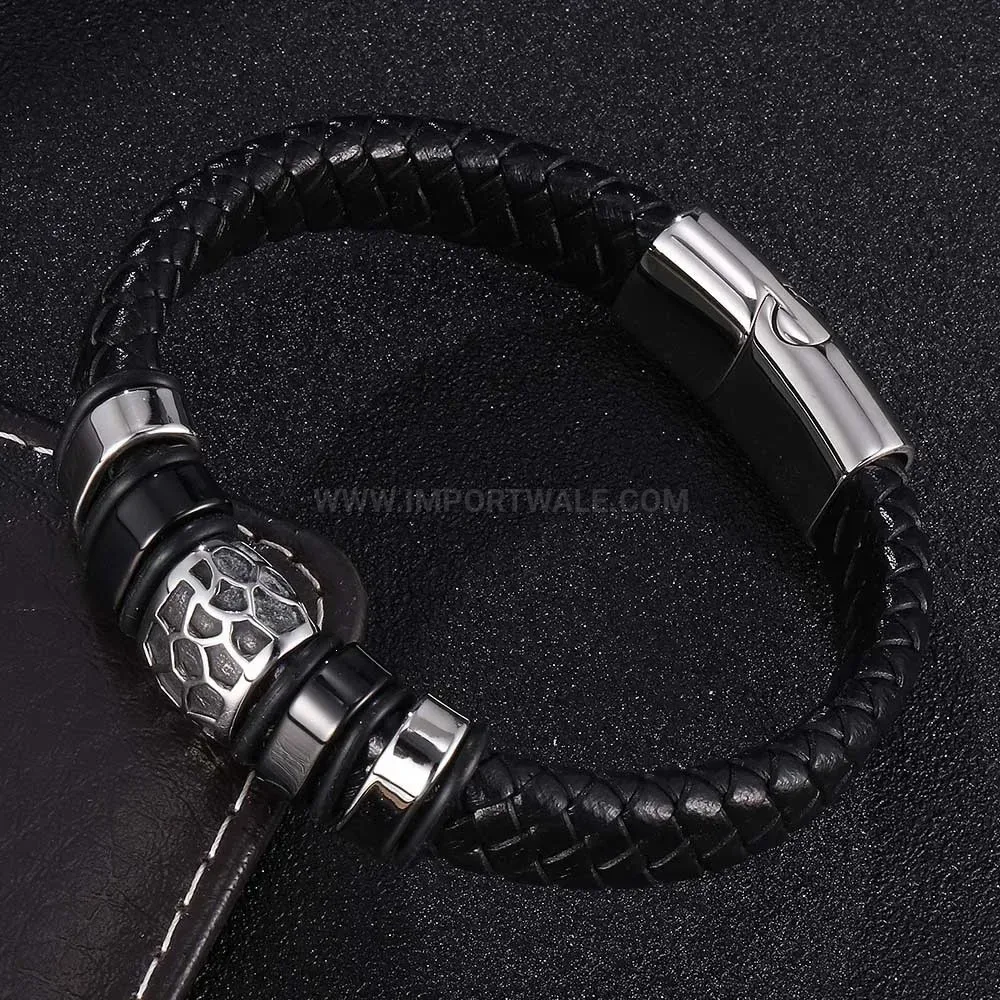 Woven Black Leather Bracelet with Electroplated Stainless Steel Clasp