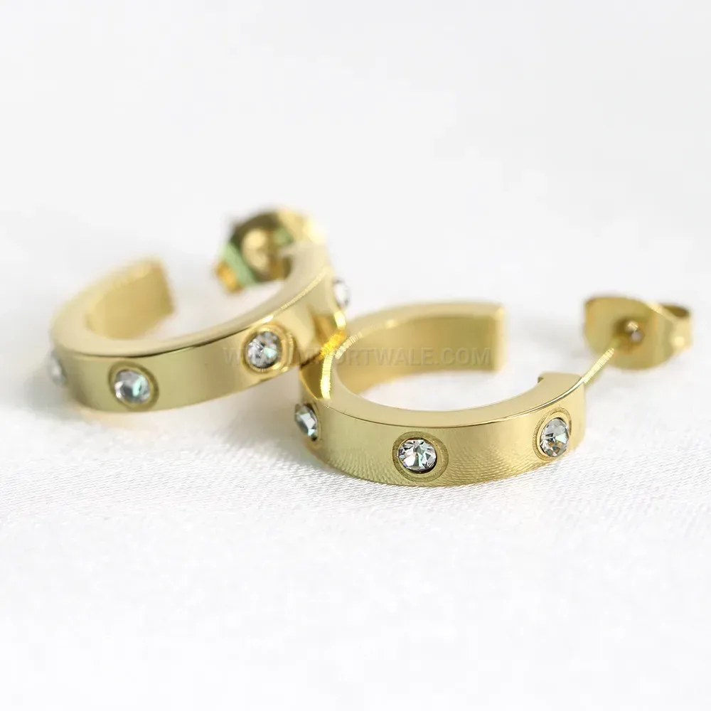 Bold Rhinestone Accent U-Shaped Stainless Steel Hoop Earrings