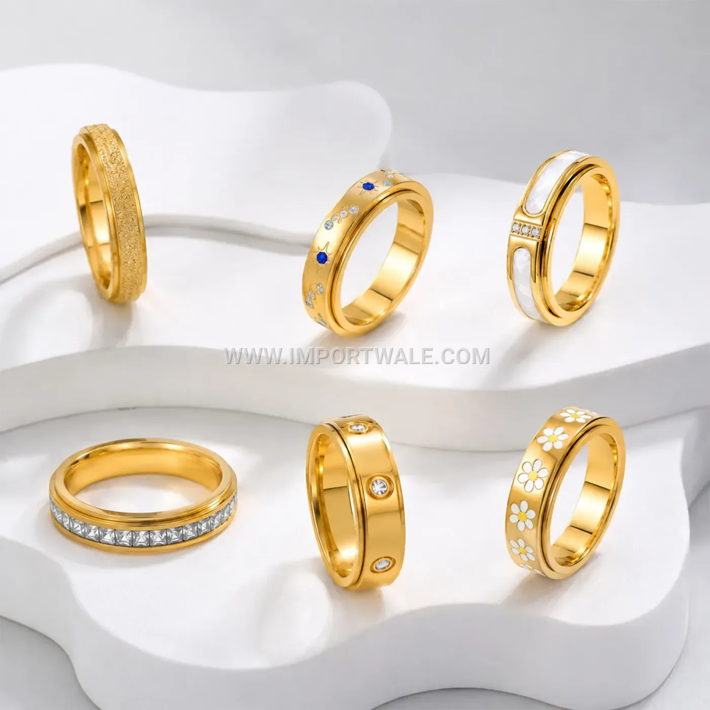 Spinning Floral Rhinestone Stainless Steel Stress Relief Band Ring