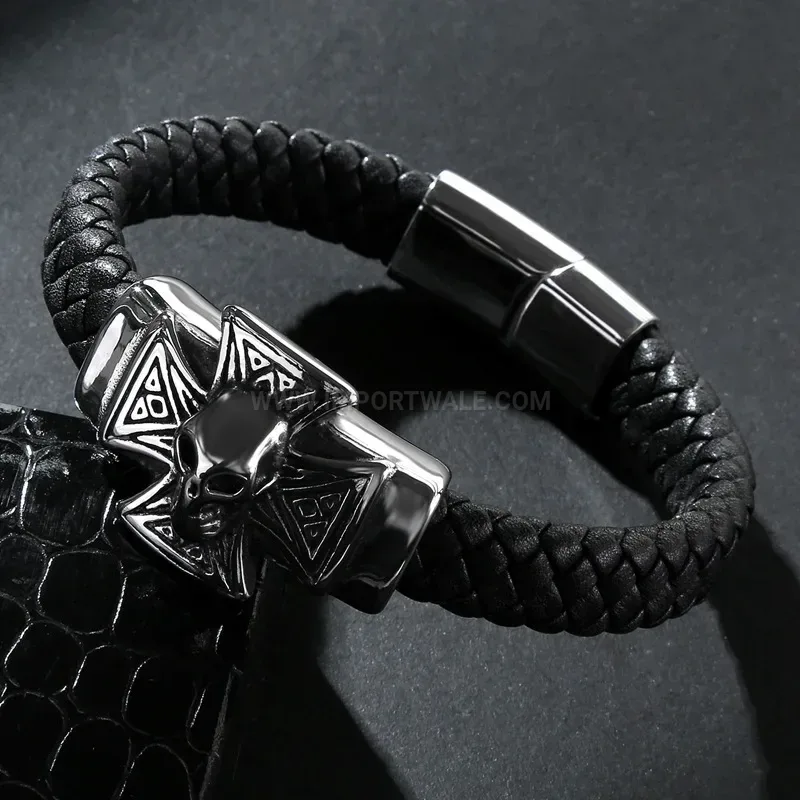 Stylish Gothic Skull and Cross Stainless Steel Leather Wristband Bracelet