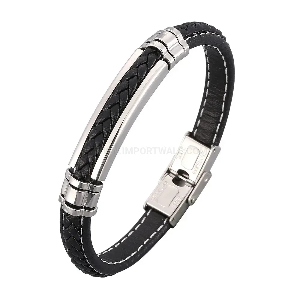 Polished Stainless Steel Minimalist Black Leather Strap Bracelet