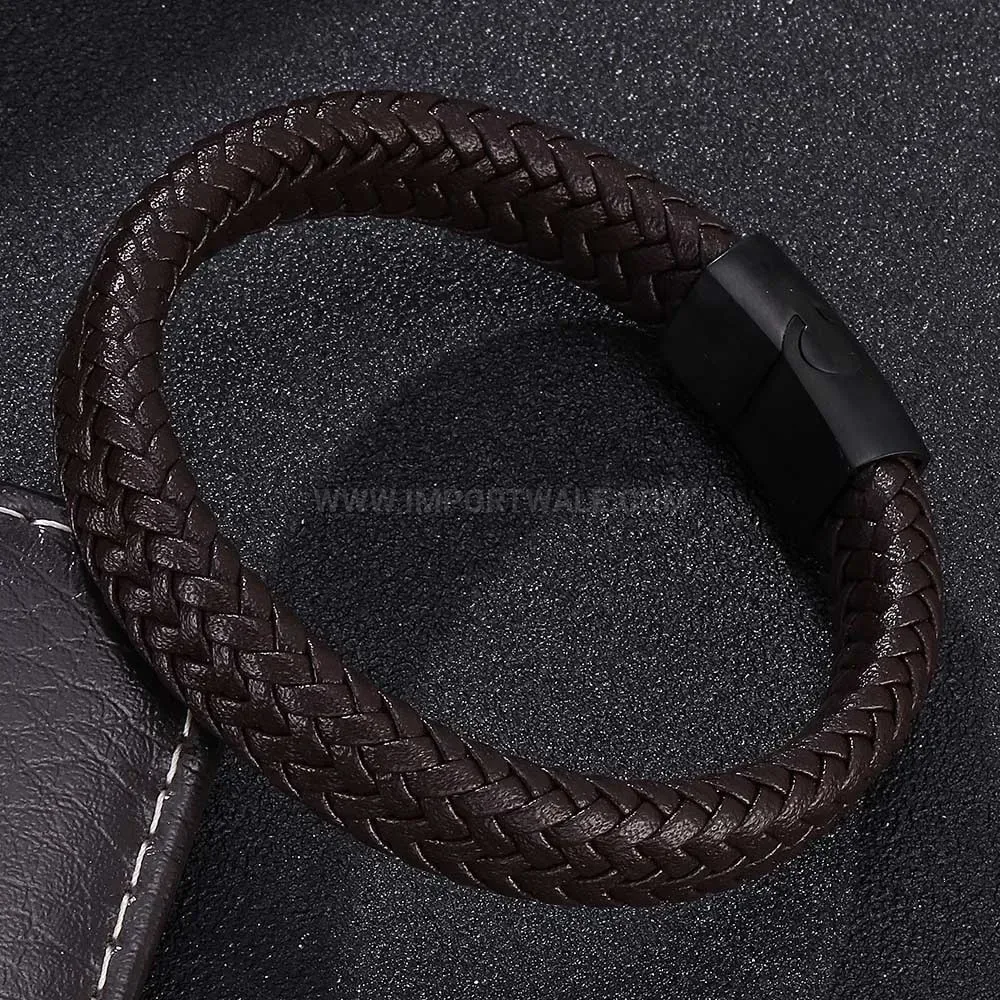 Braided Leather Cuff Bracelet with Sleek Stainless Steel Accents