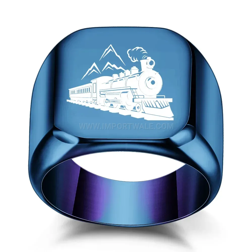 Elegant Engraved Train Motif Square Stainless Steel Signet Ring