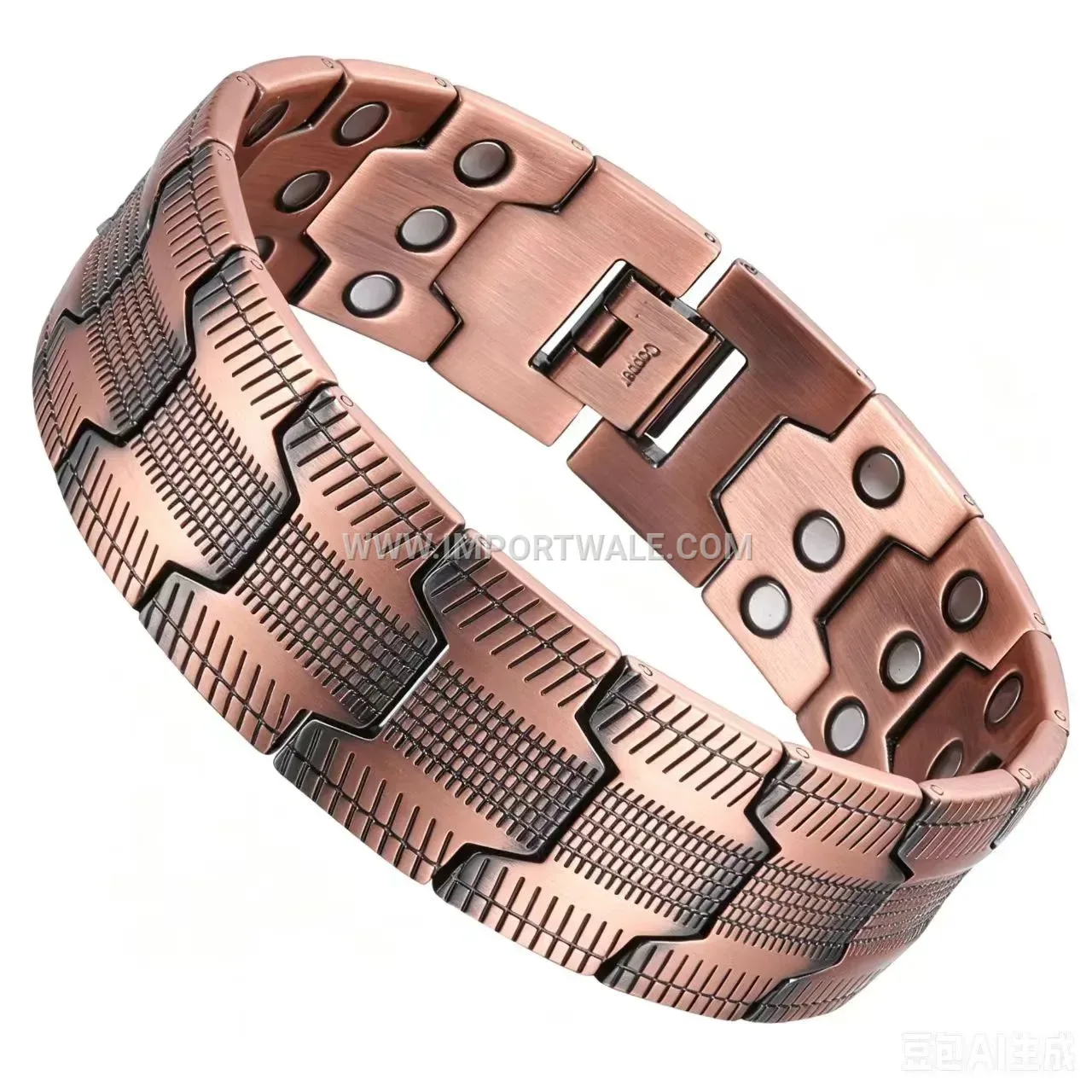 Vintage Textured Pure Red Copper Magnetic Link Bracelet