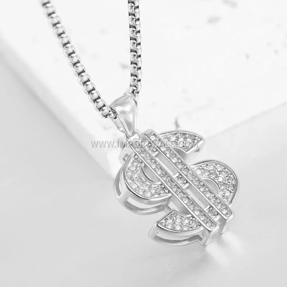 Rhinestone Dollar Sign Pendant Stainless Steel Necklace