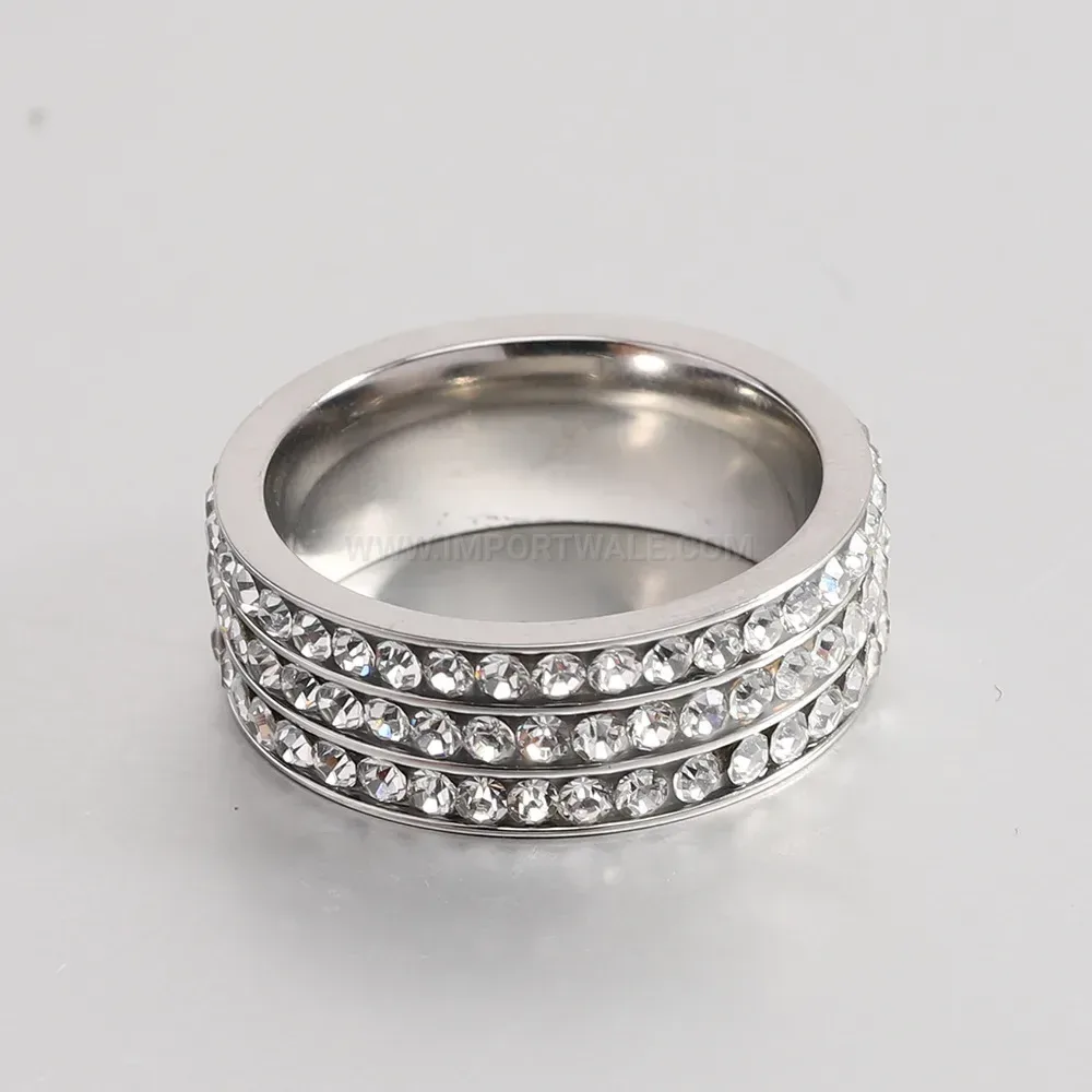 Three-Row Rhinestone Stainless Steel Statement Ring