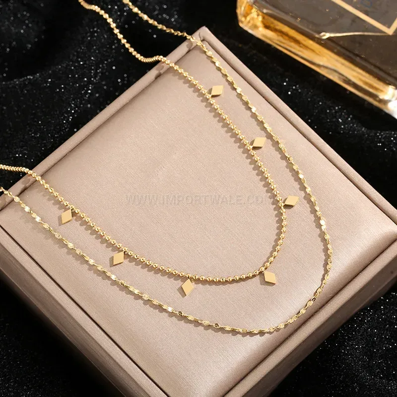 Double Strand Geometric Rhombus Titanium Steel Chain Necklace