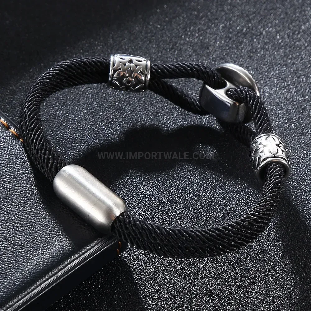 Nautical Ship Wheel Pendant Braided Cord Stainless Steel Bracelet